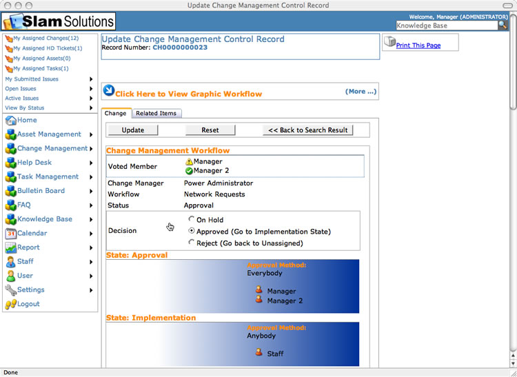 screenshot of SLAM Change Management Control